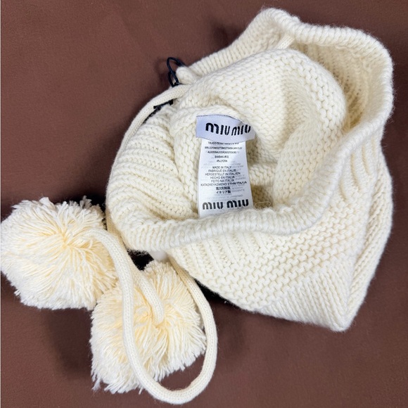 Women’s Miu Miu Ivory Knit Pom Pom Earflap Beanie Hat Winter Cozy - Picture 2 of 4